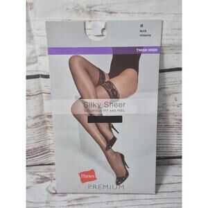Hanes Premium Silky Sheer Thigh High Black Stockings Size Medium Lace Details